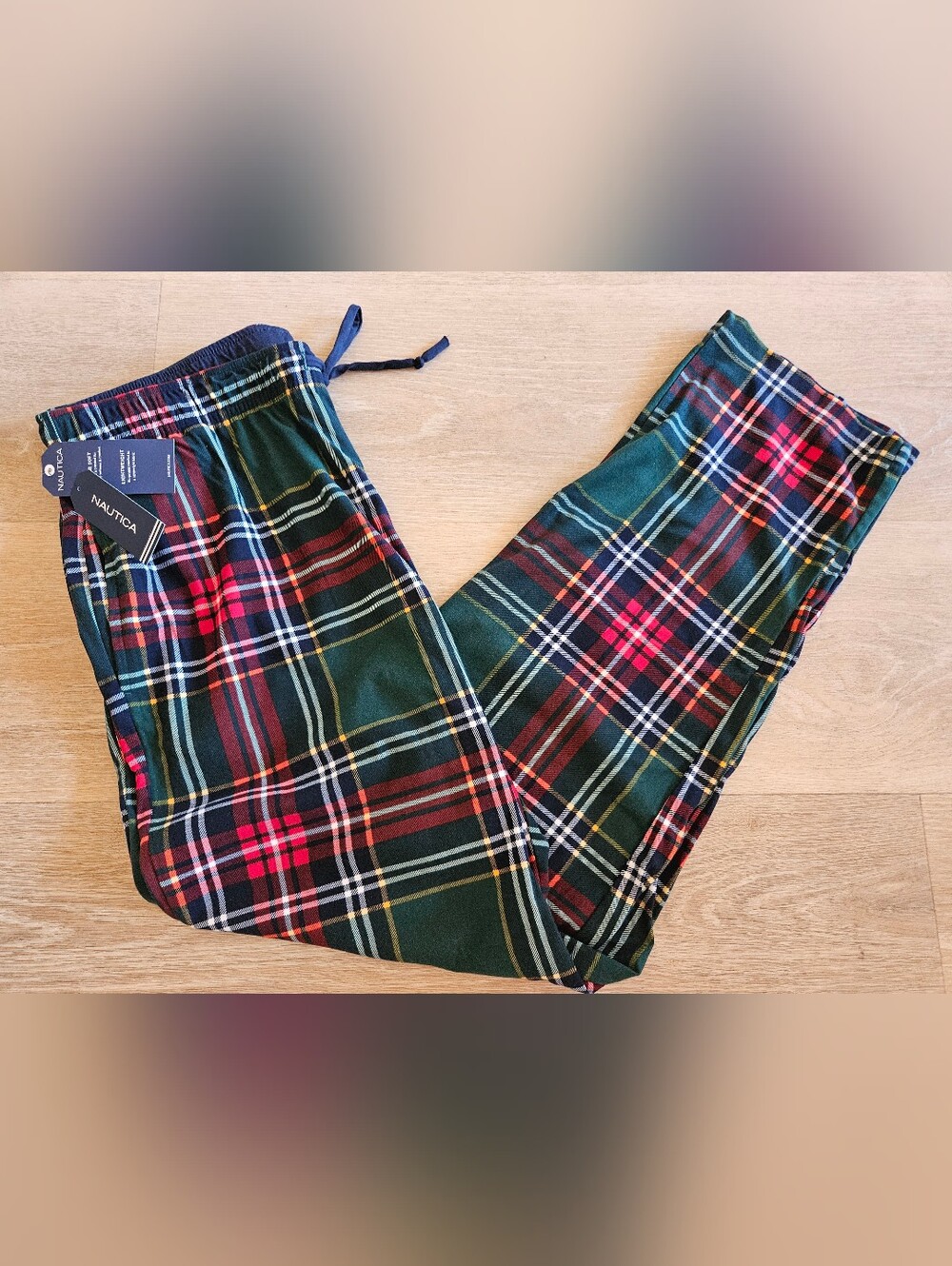Nautica Mens Fleece Pajama Pants Red Green Tartan Plaid Super Soft - LARGE - NWT